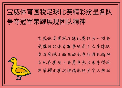 宝威体育国税足球比赛精彩纷呈各队争夺冠军荣耀展现团队精神