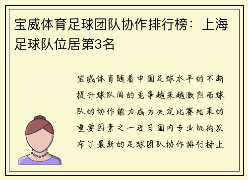 宝威体育足球团队协作排行榜：上海足球队位居第3名