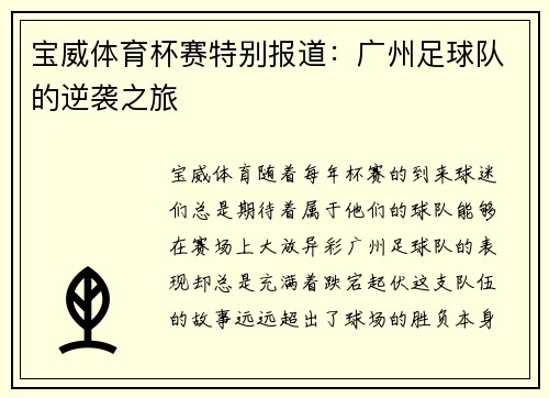 宝威体育杯赛特别报道：广州足球队的逆袭之旅